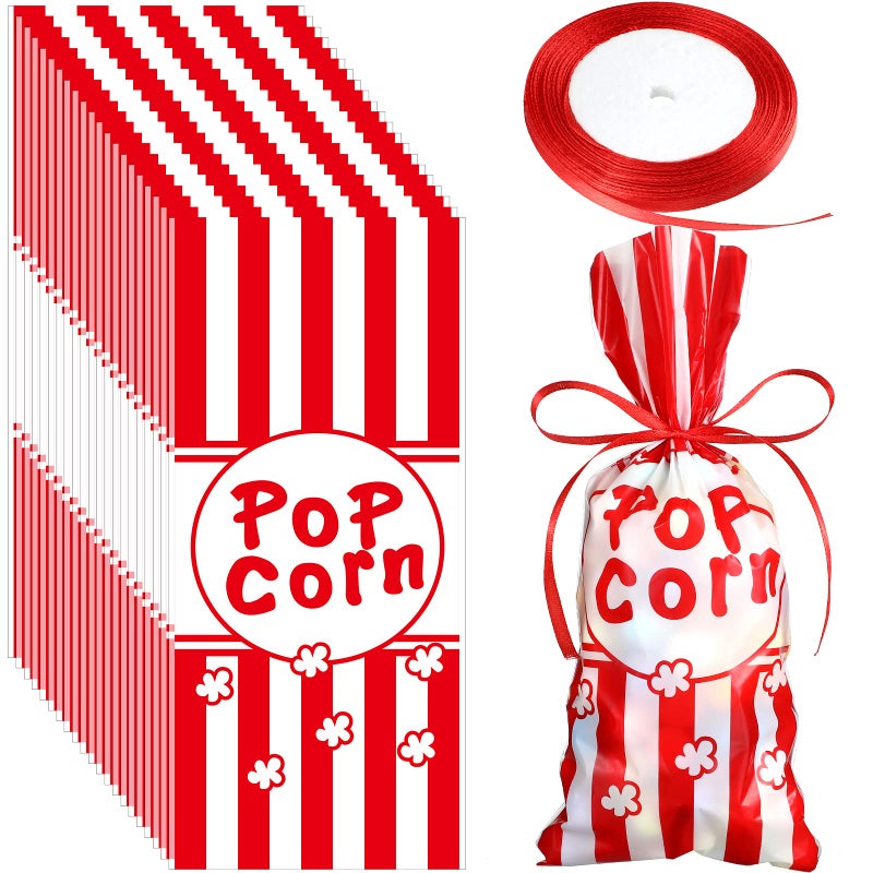 Outus 100 Pcs Popcorn Bags for Party Popcorn Treat Bags Red and White Stripe Carnival Candy Containers with a Roll of Red Ribbon for Circus Carnival Party Birthday Favor